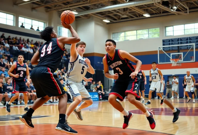 High school basketball players competing on the court