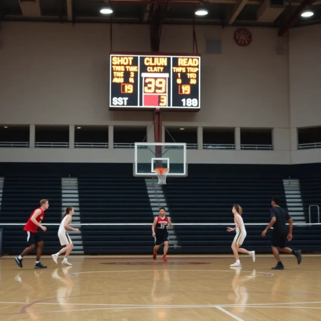 A high school basketball game in progress with a visible scoreboard.