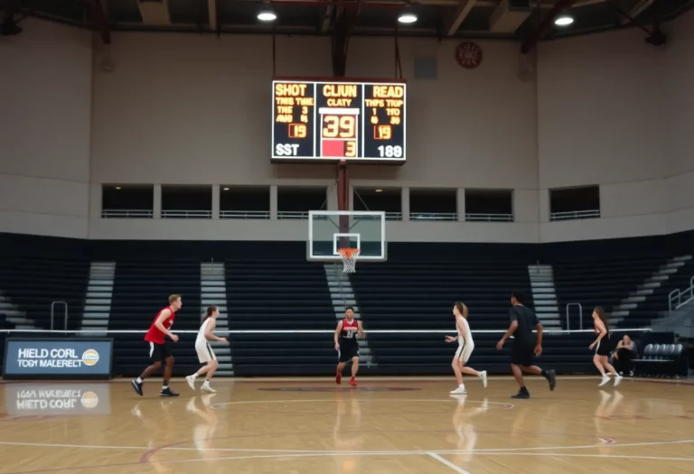 A high school basketball game in progress with a visible scoreboard.