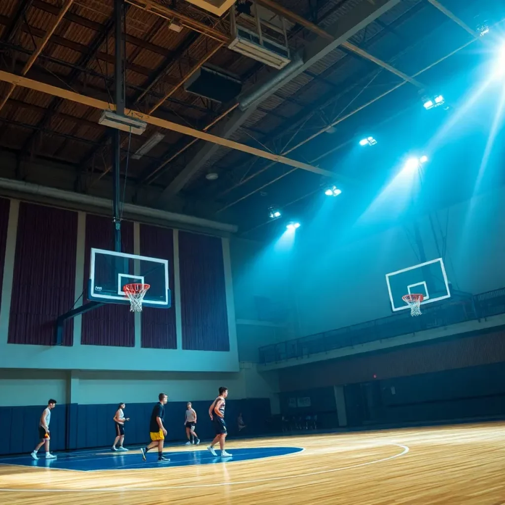 High school basketball players practicing on the court