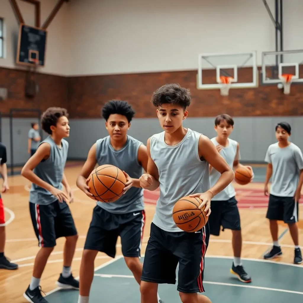 Young basketball players practicing on the court
