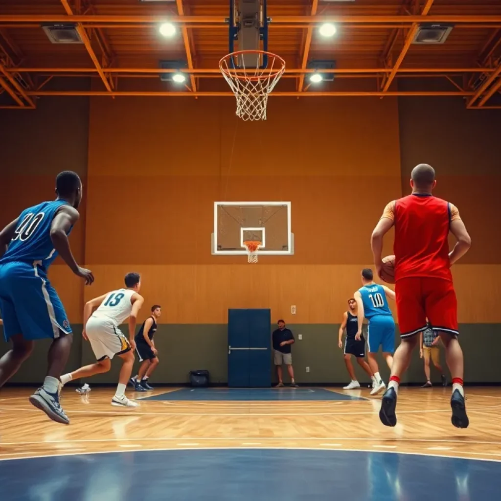 Players on a basketball court with a shot clock in view