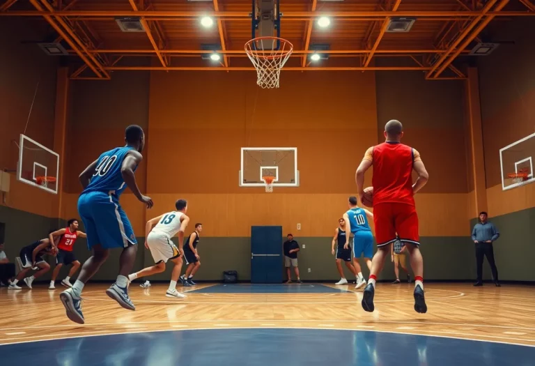 Players on a basketball court with a shot clock in view