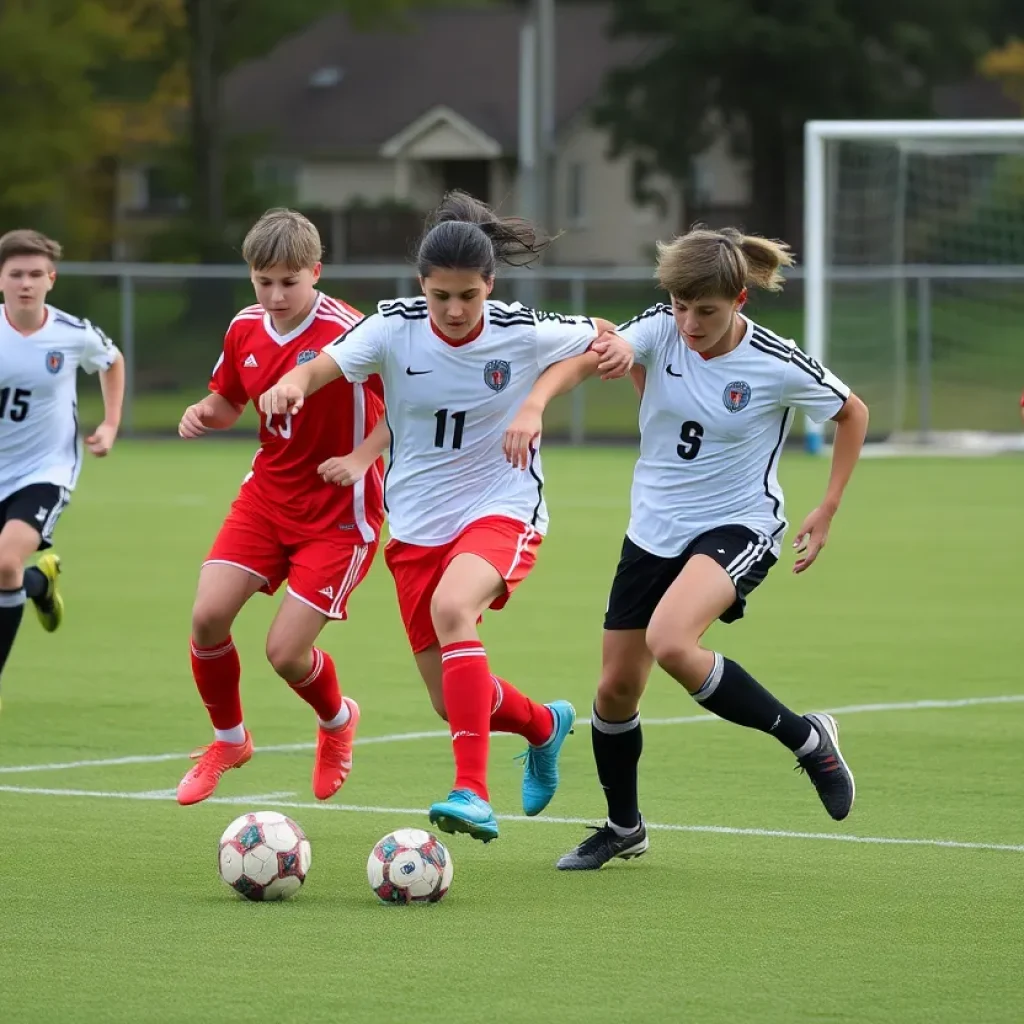 Boys soccer players in action during a high school match.