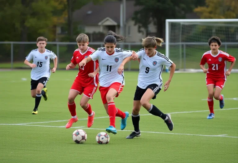Boys soccer players in action during a high school match.