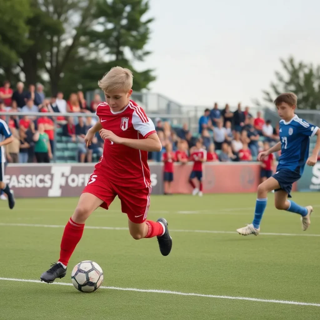 Boys playing soccer in a high school match with spectators
