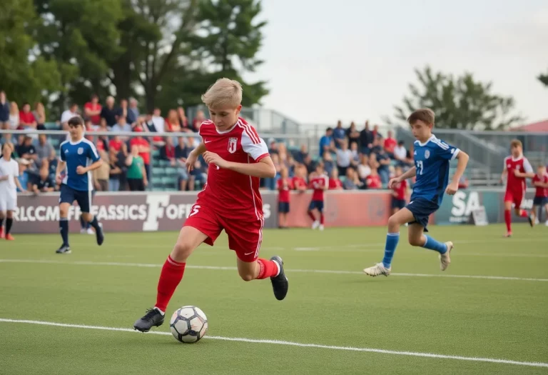 Boys playing soccer in a high school match with spectators
