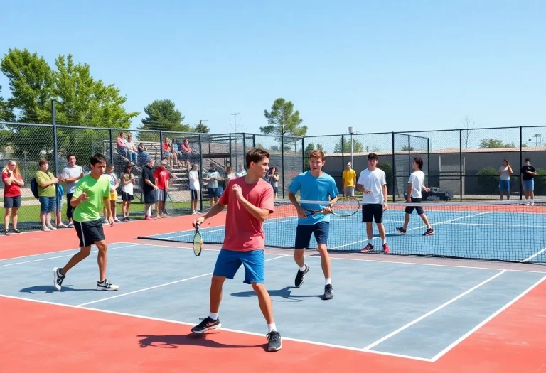 Boys playing tennis in a high school match