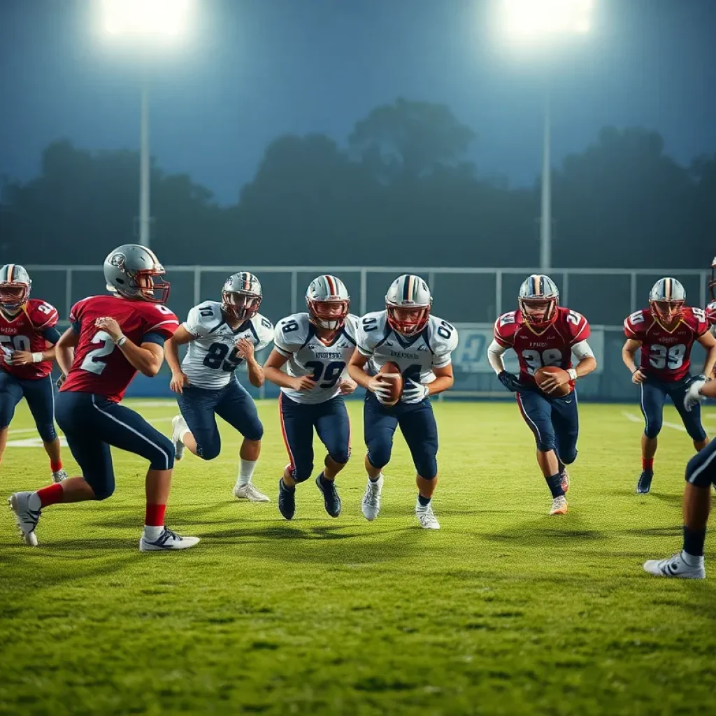 High school football players in action during a match