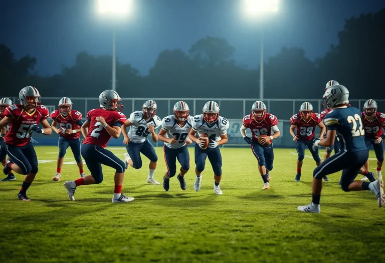 High school football players in action during a match