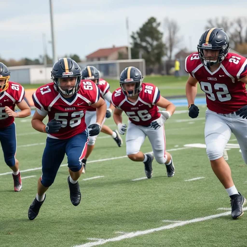 High school football players competing on the field.