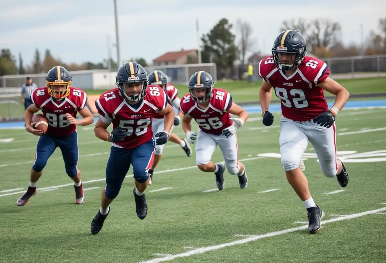 High school football players competing on the field.