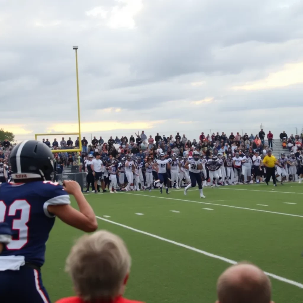 Players from a high school football game battling on the field