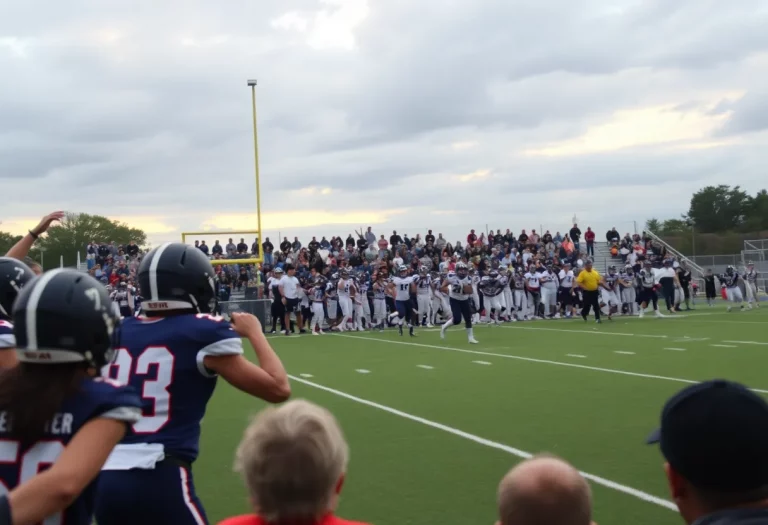 Players from a high school football game battling on the field