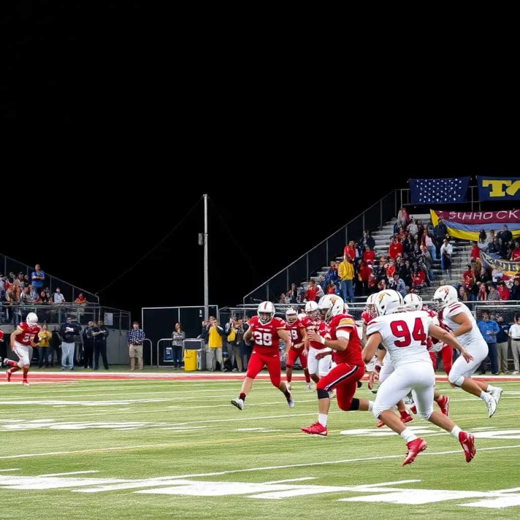 Exciting high school football game with players and cheering fans