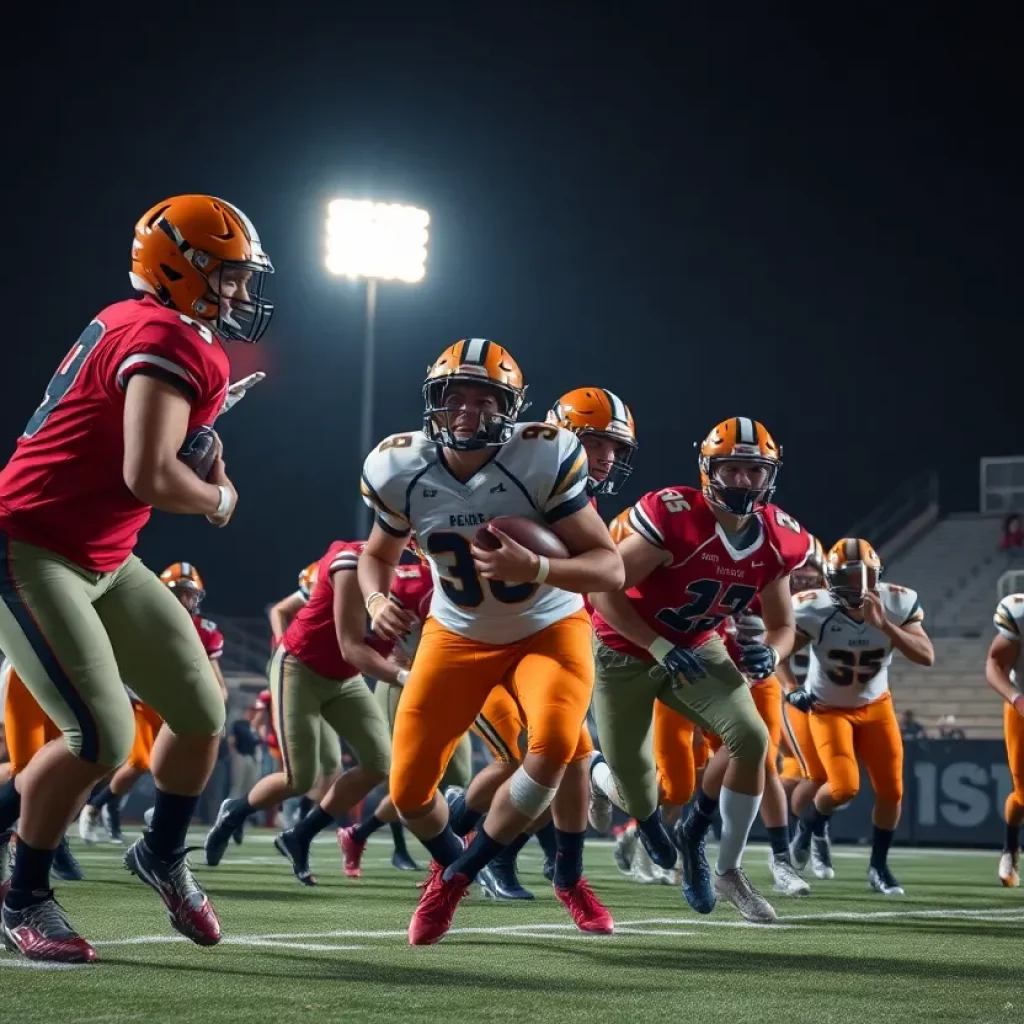 High school football players in action during a game.