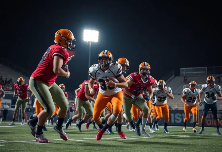 High school football players in action during a game.