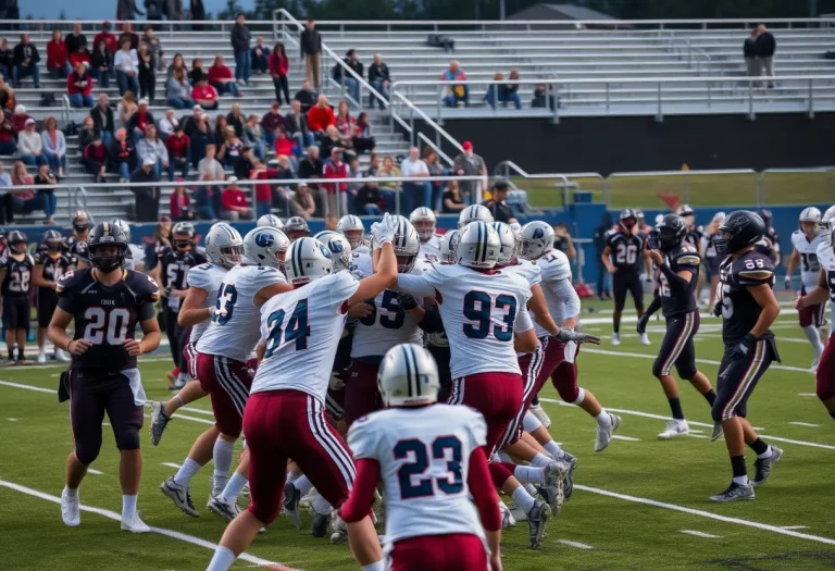 High school football players engaged in a brawl on the field