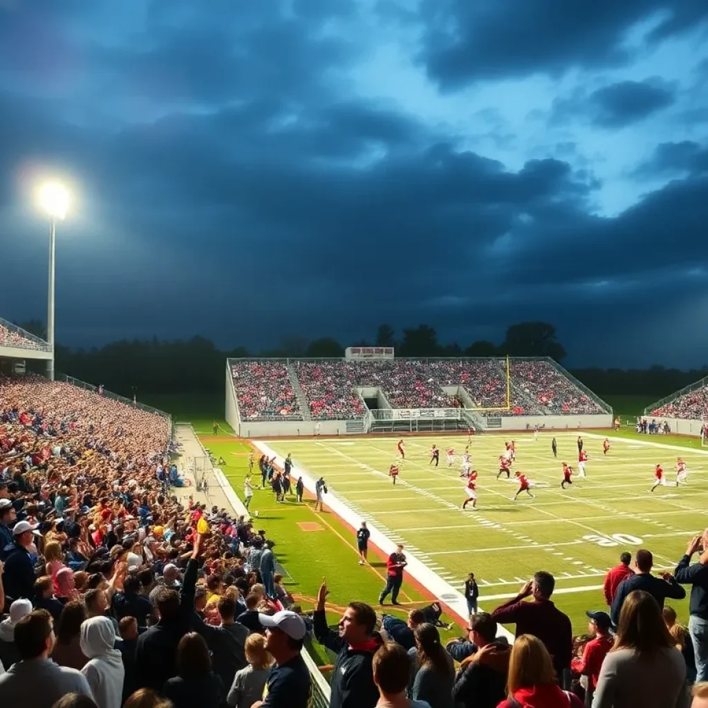 A dramatic moment during a high school football game showcasing competing teams and the enthusiasm of the crowd.