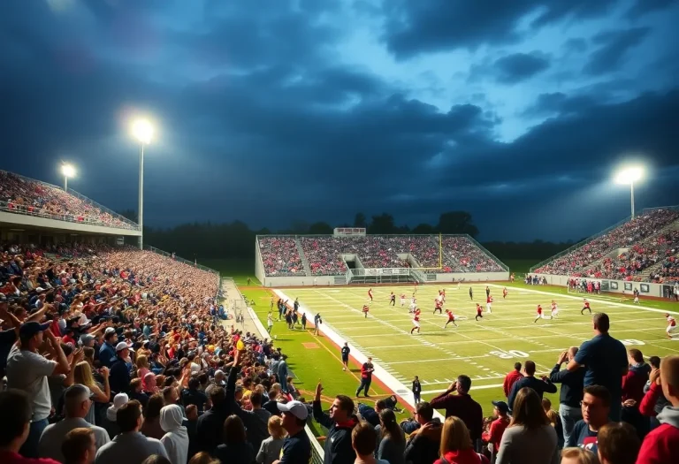 A dramatic moment during a high school football game showcasing competing teams and the enthusiasm of the crowd.