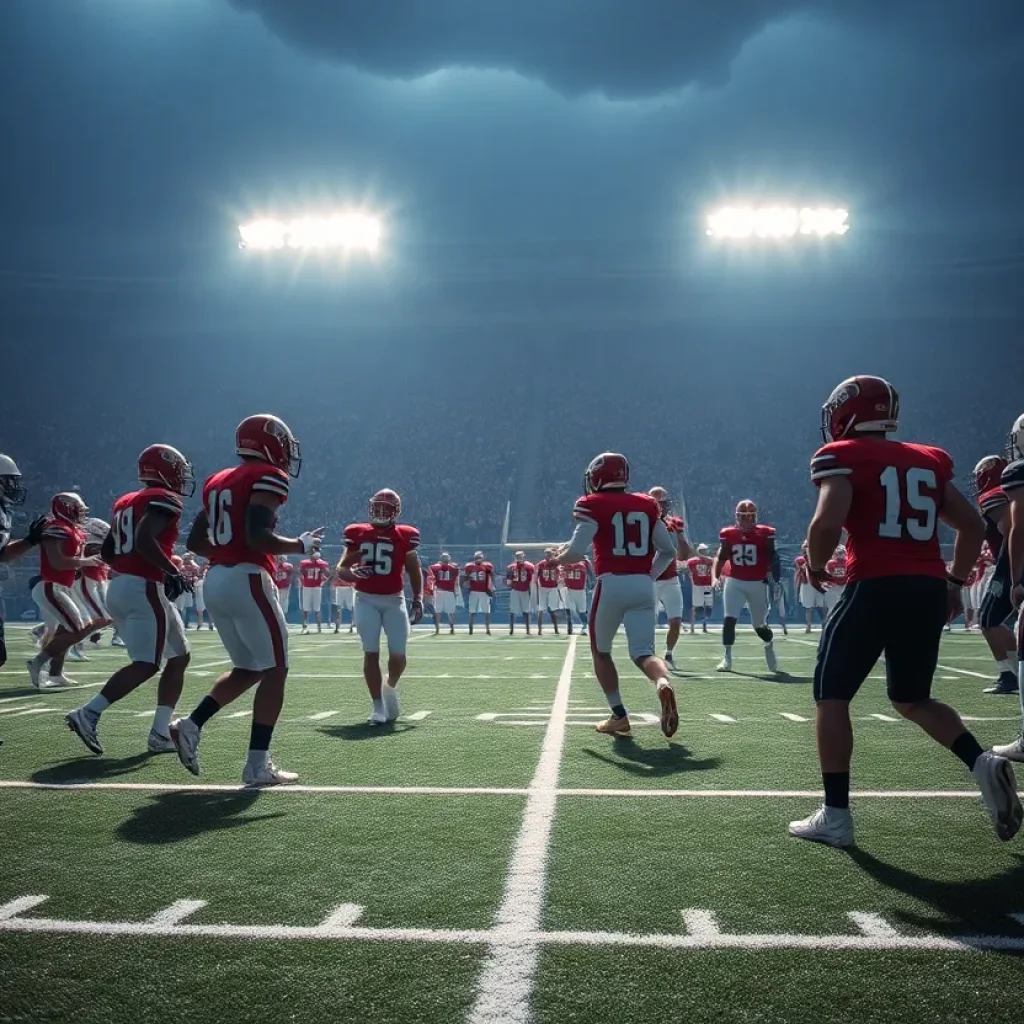 High school football players competing on the field.