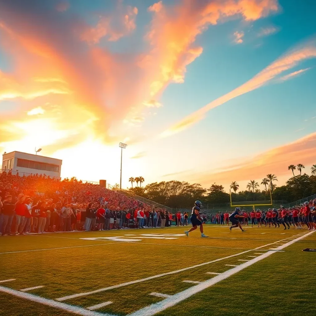 Players competing in a high school football game under a dramatic sky.