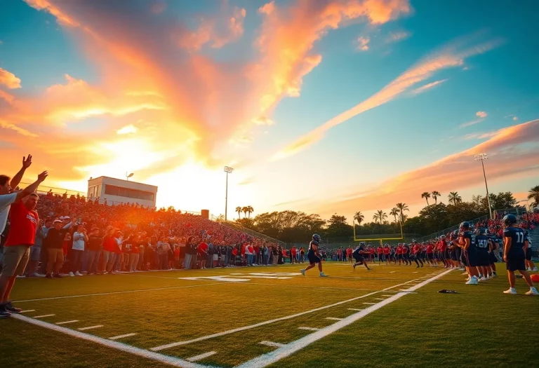 Players competing in a high school football game under a dramatic sky.
