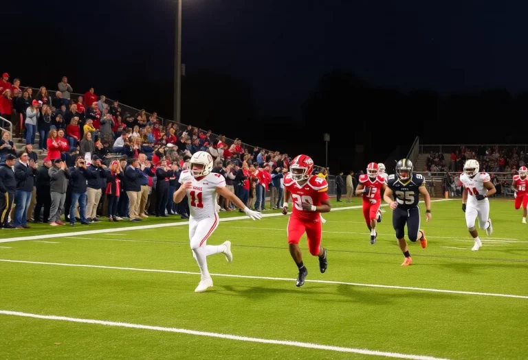 A lively high school football game with spectators cheering
