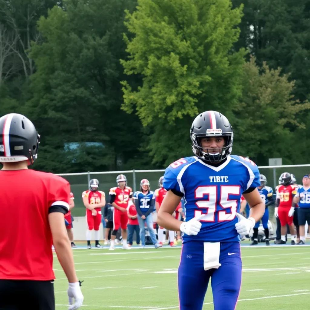 Football players on a high school field showing sportsmanship