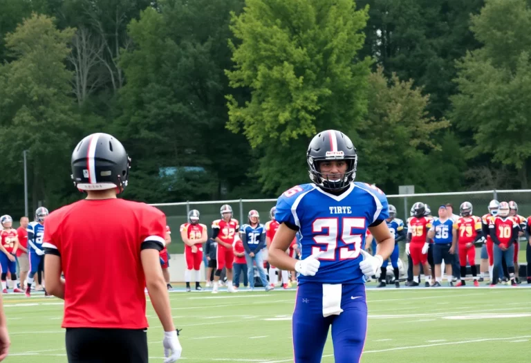 Football players on a high school field showing sportsmanship