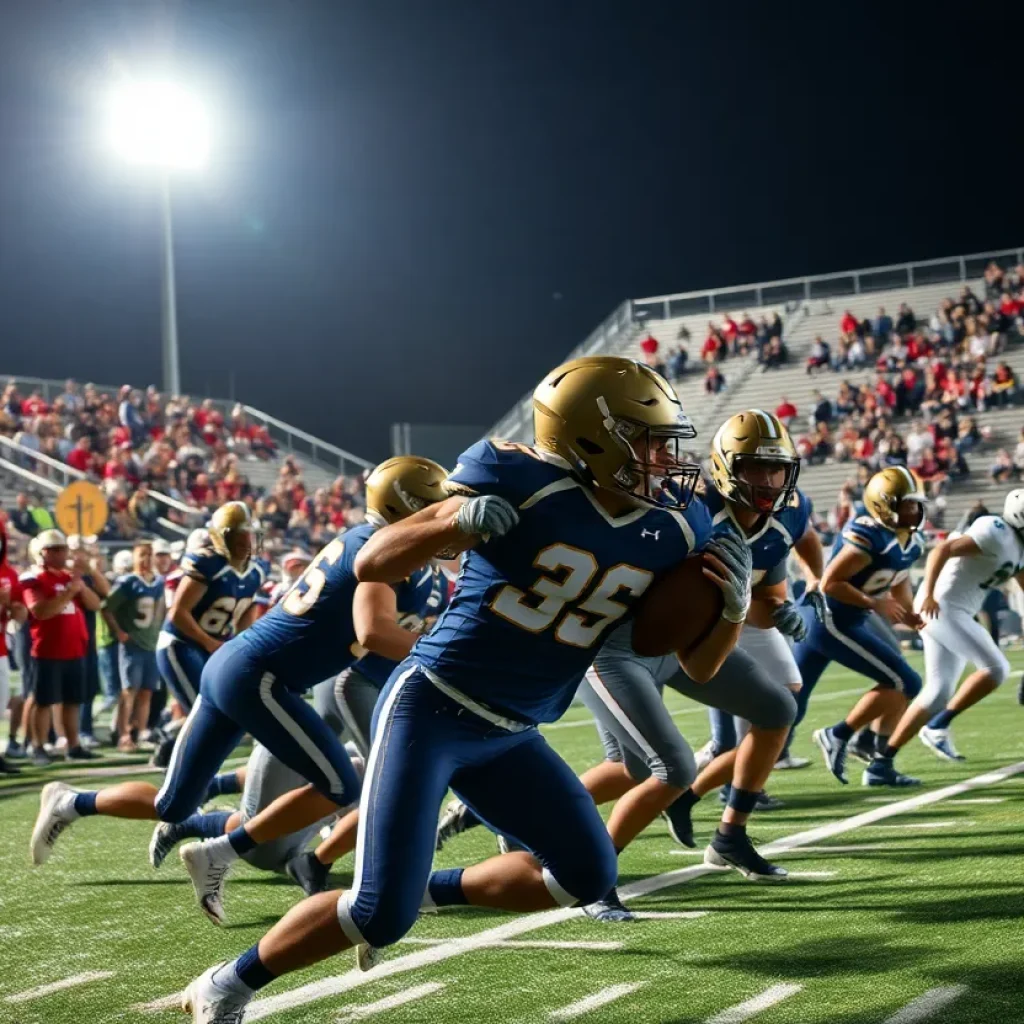 Intense action during a high school football game with fans cheering