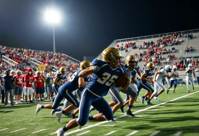 Intense action during a high school football game with fans cheering