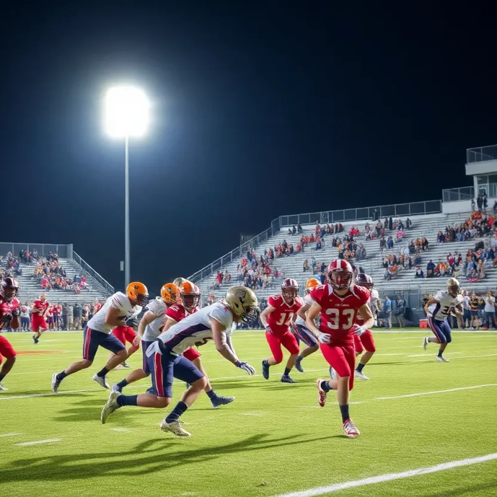 Exciting moment of high school football game with players and cheering crowd