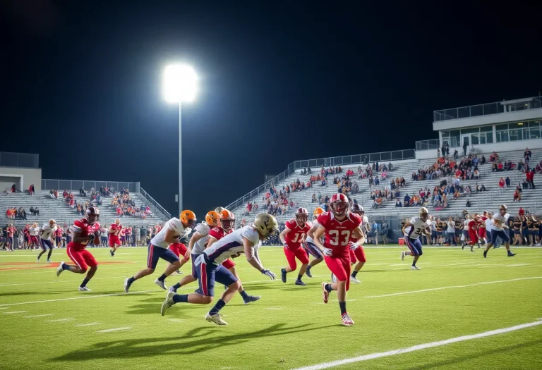Exciting moment of high school football game with players and cheering crowd