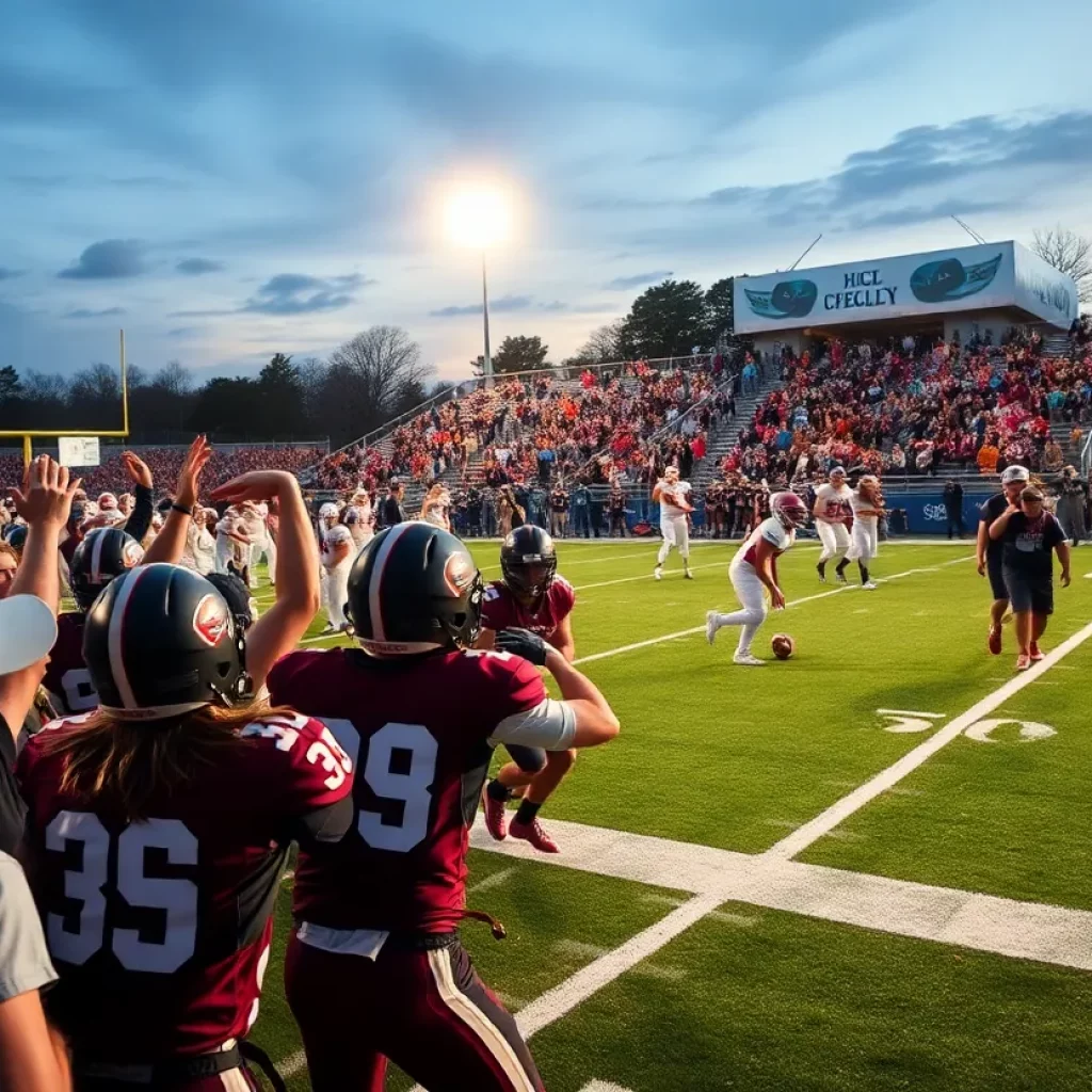 High school football players in action on the field during a game.