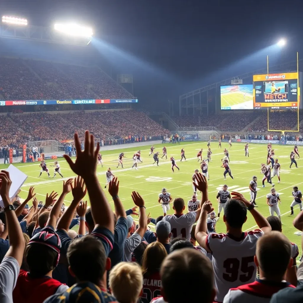 Scene from a high school football game with players and fans