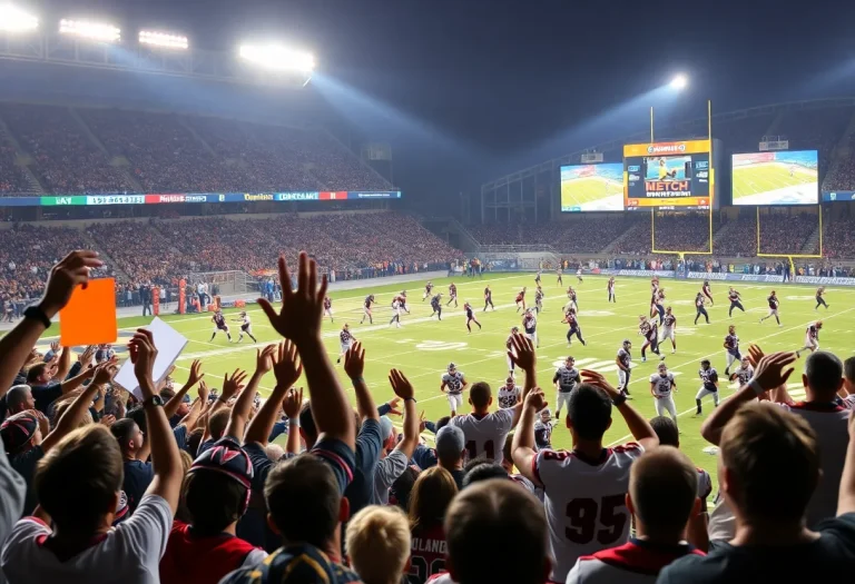 Scene from a high school football game with players and fans