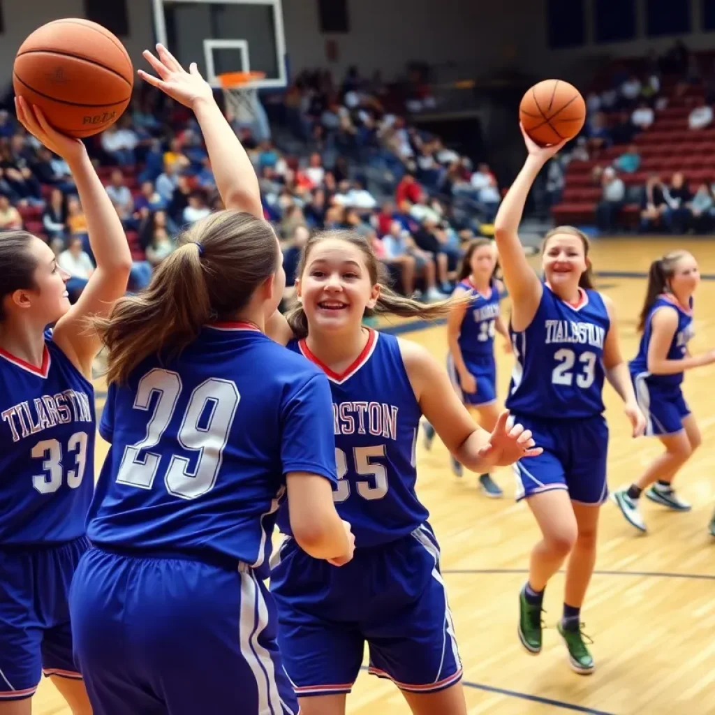 High school girls basketball teams competing in a dynamic game.