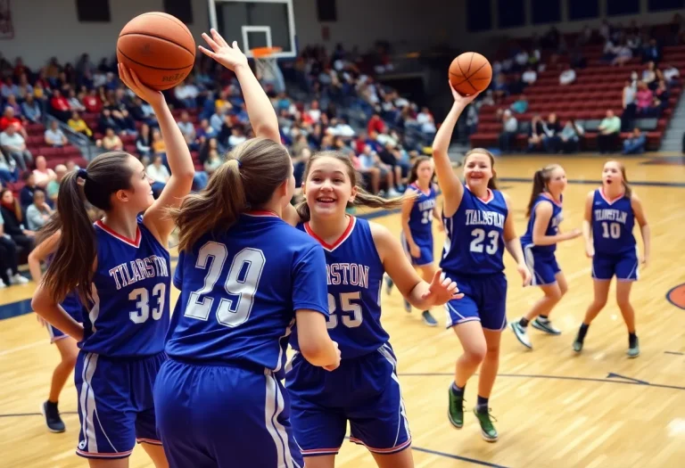 High school girls basketball teams competing in a dynamic game.