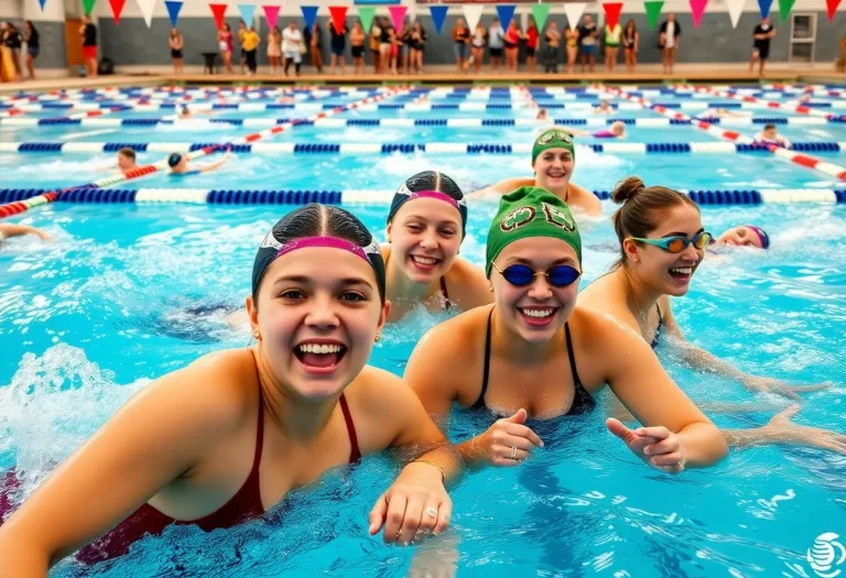 Girls competing in a high school swimming event