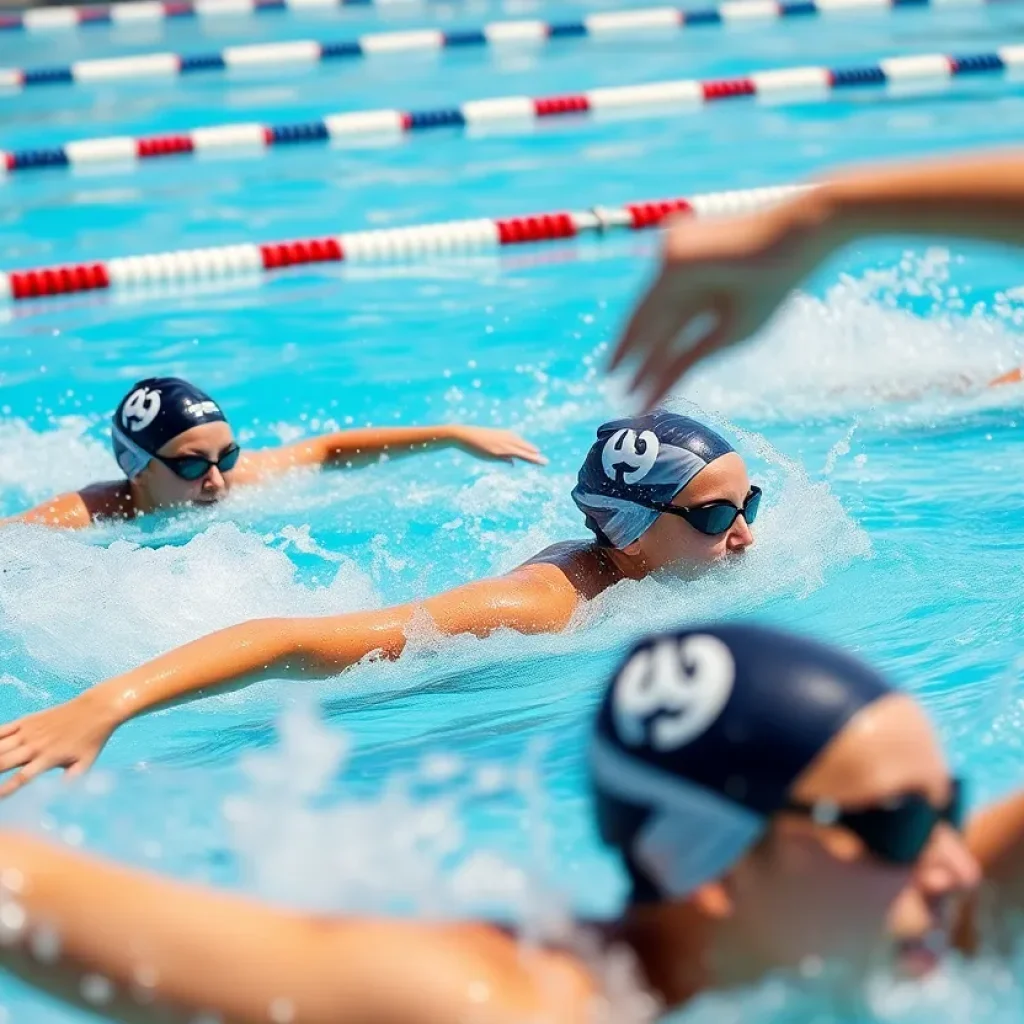 High school girls swimming relay race in action