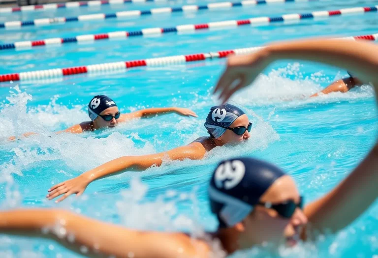 High school girls swimming relay race in action