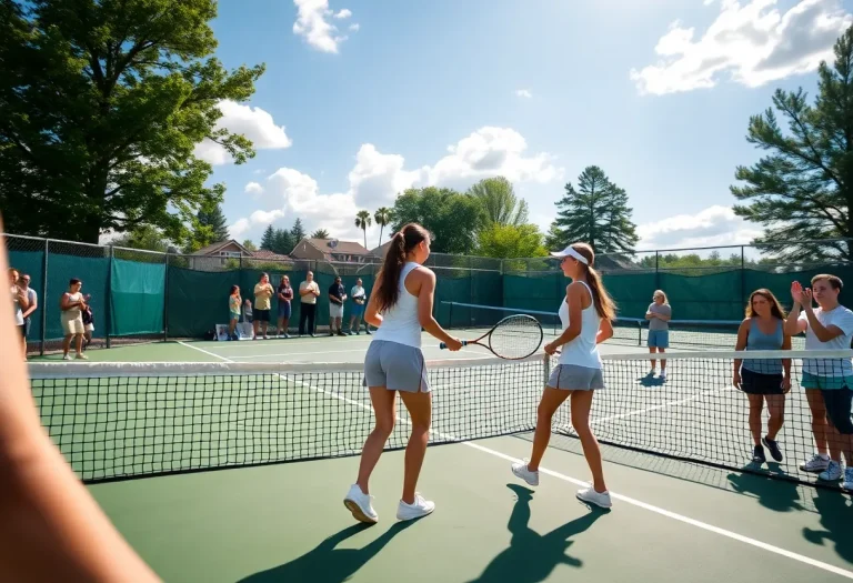 Girls competing in a high school tennis match