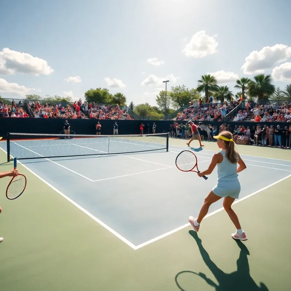 Girls tennis players competing on a sunny day.