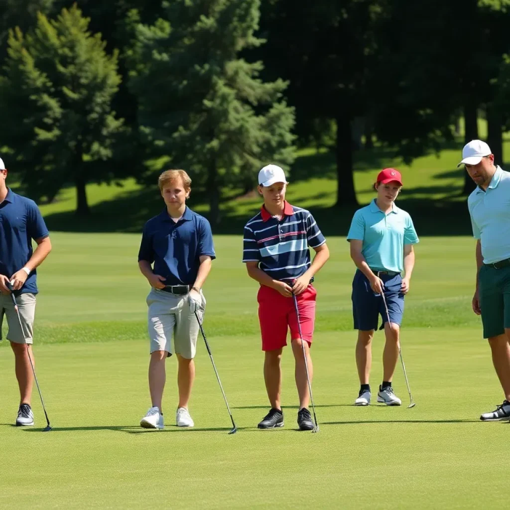 A group of young golfers practicing on a sunny Palm Beach golf course.