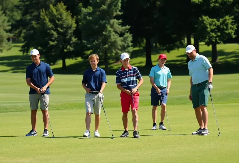 A group of young golfers practicing on a sunny Palm Beach golf course.