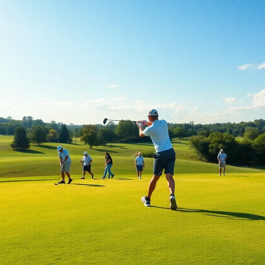 High school golf teams practicing on a sunny day