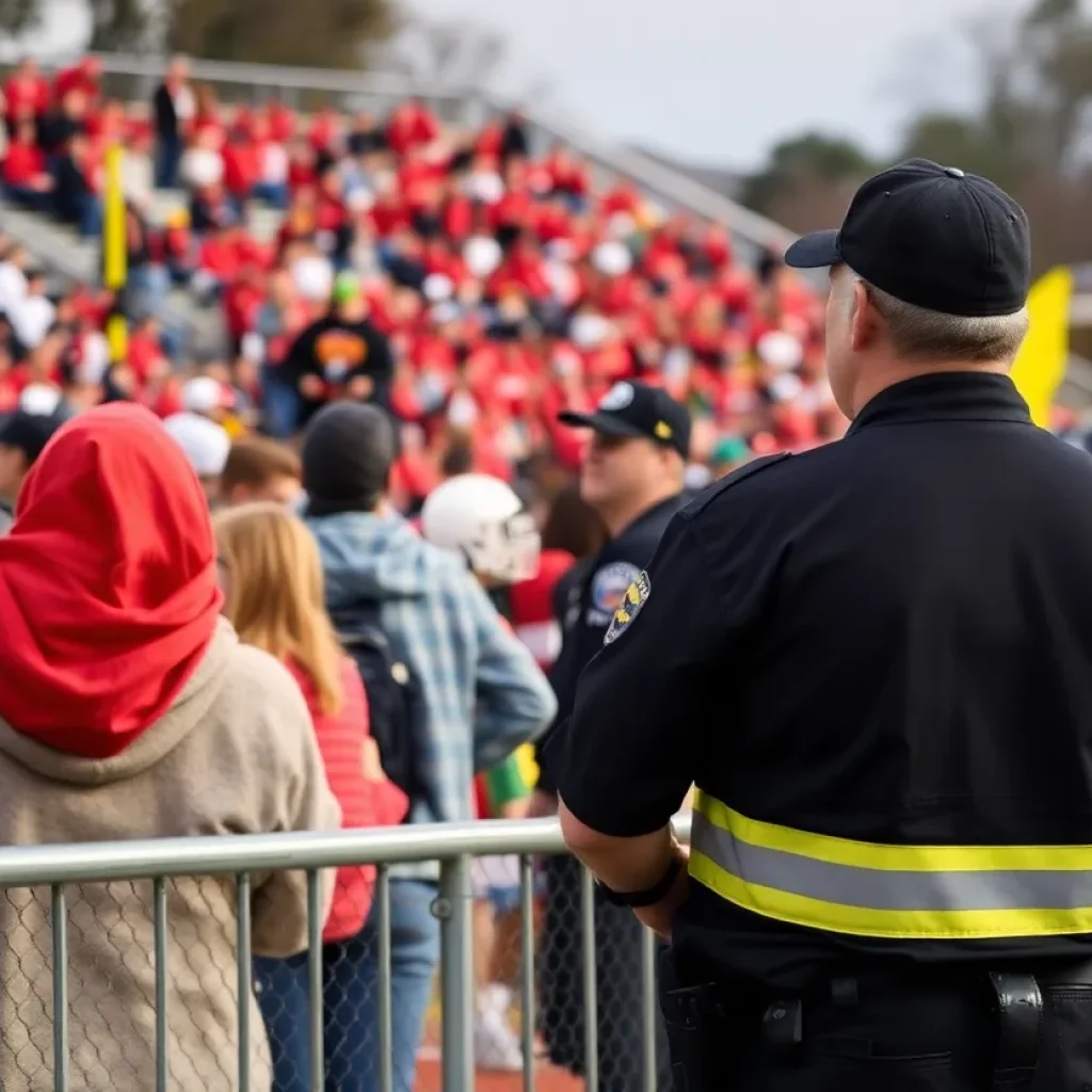 Security personnel at high school football game ensuring safety.