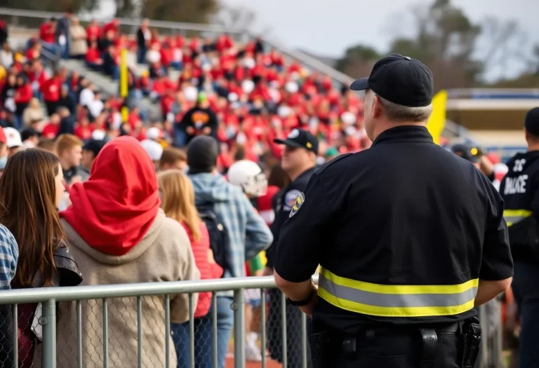Security personnel at high school football game ensuring safety.