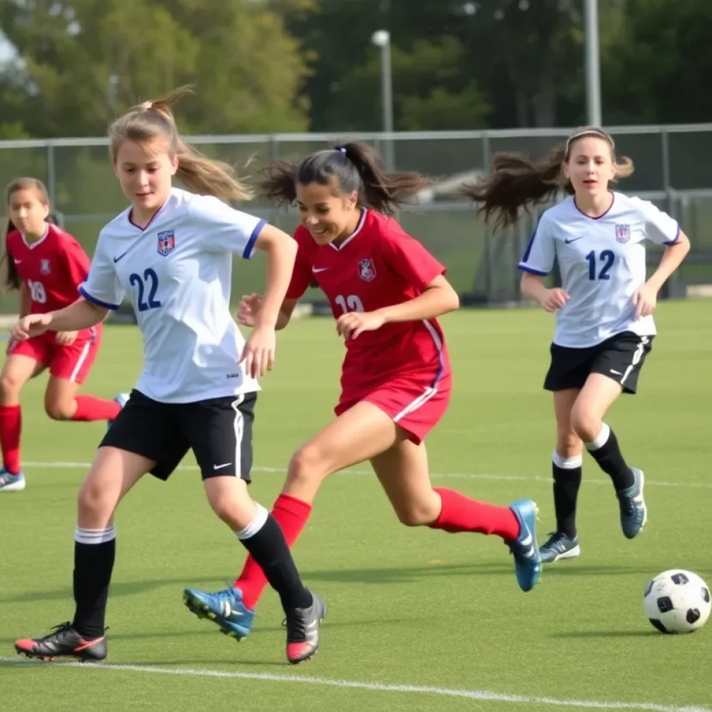 Players in action during a high school soccer match in Long Island.